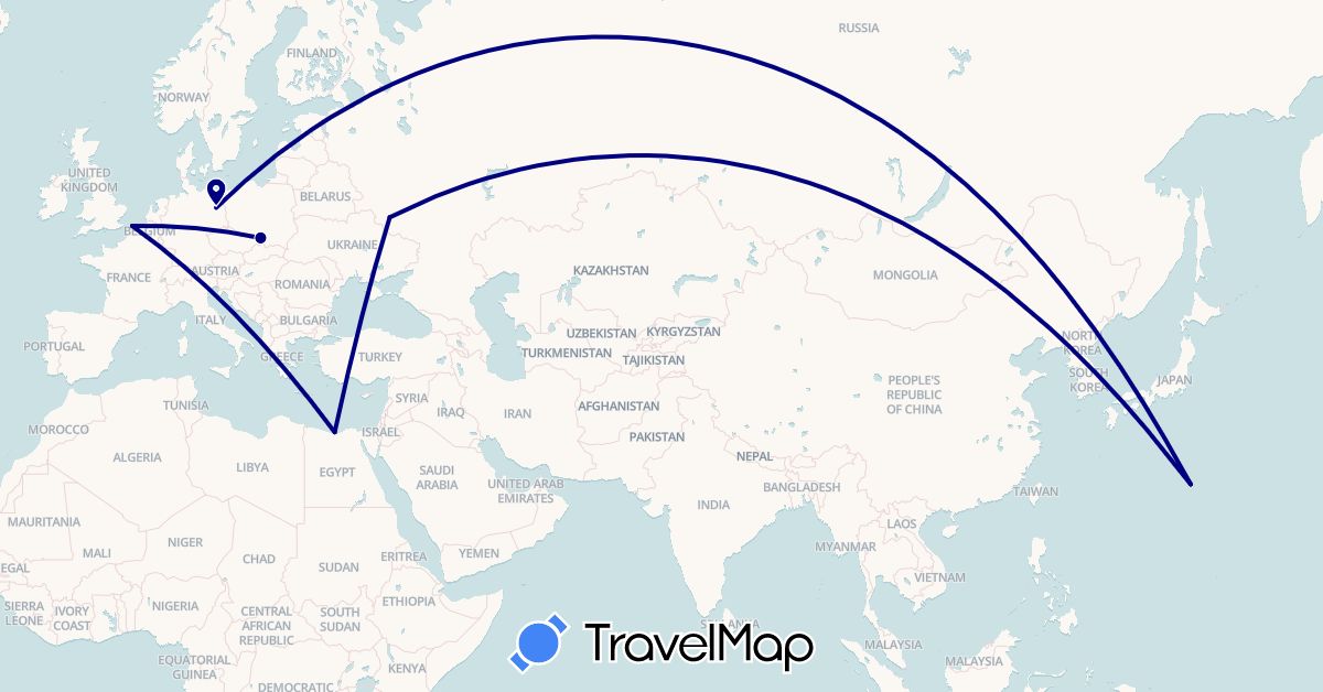 TravelMap itinerary: driving in Germany, Egypt, France, Japan, Poland, Russia (Africa, Asia, Europe)
